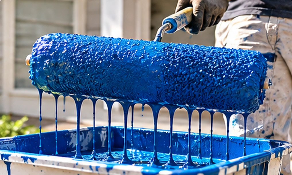 Extra-wide painting roller saturated with vivid blue paint and dripping into a paint tray