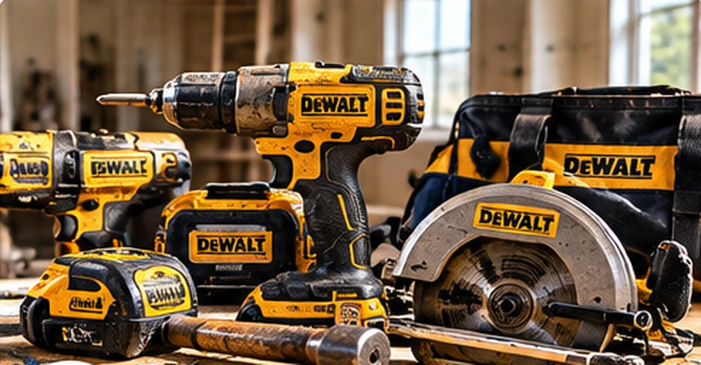 Used yellow and black DeWalt drills, circular saw, tape measure, and other repair tools on a workbench
