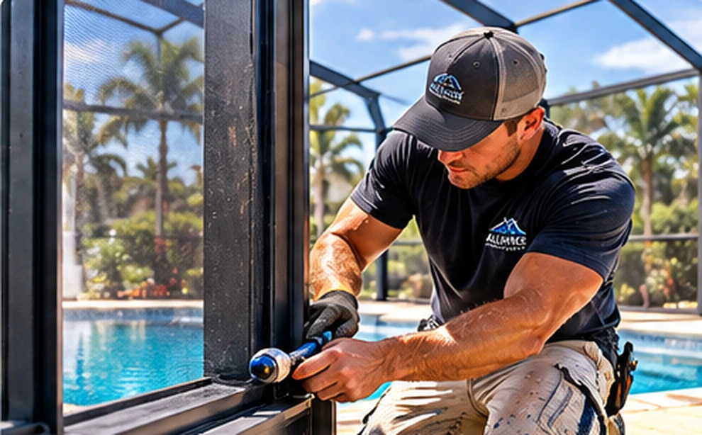 Technician repairing the screening on a pool enclosure with a clear blue pool beyond