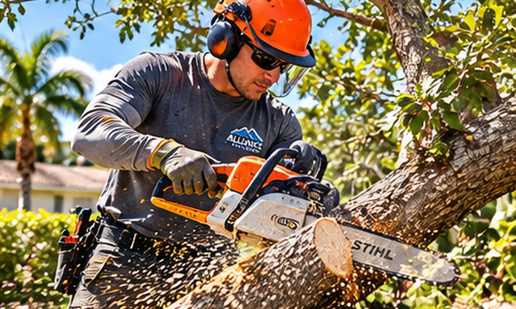 Safety-equipped athletic tree service worker actively cutting through a branch with a chainsaw, sawdust flying